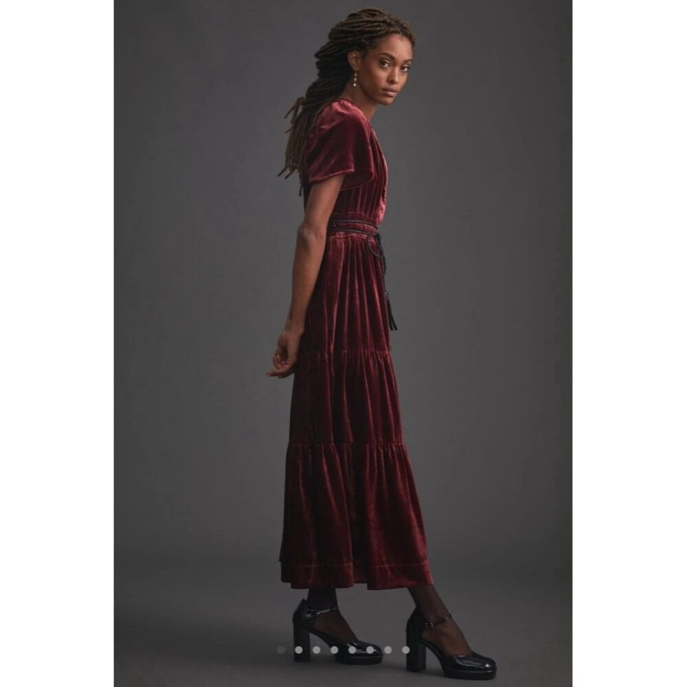 NWT by Anthropologie The Somerset Maxi in Red Maroon Velvet Edition Dress XS
